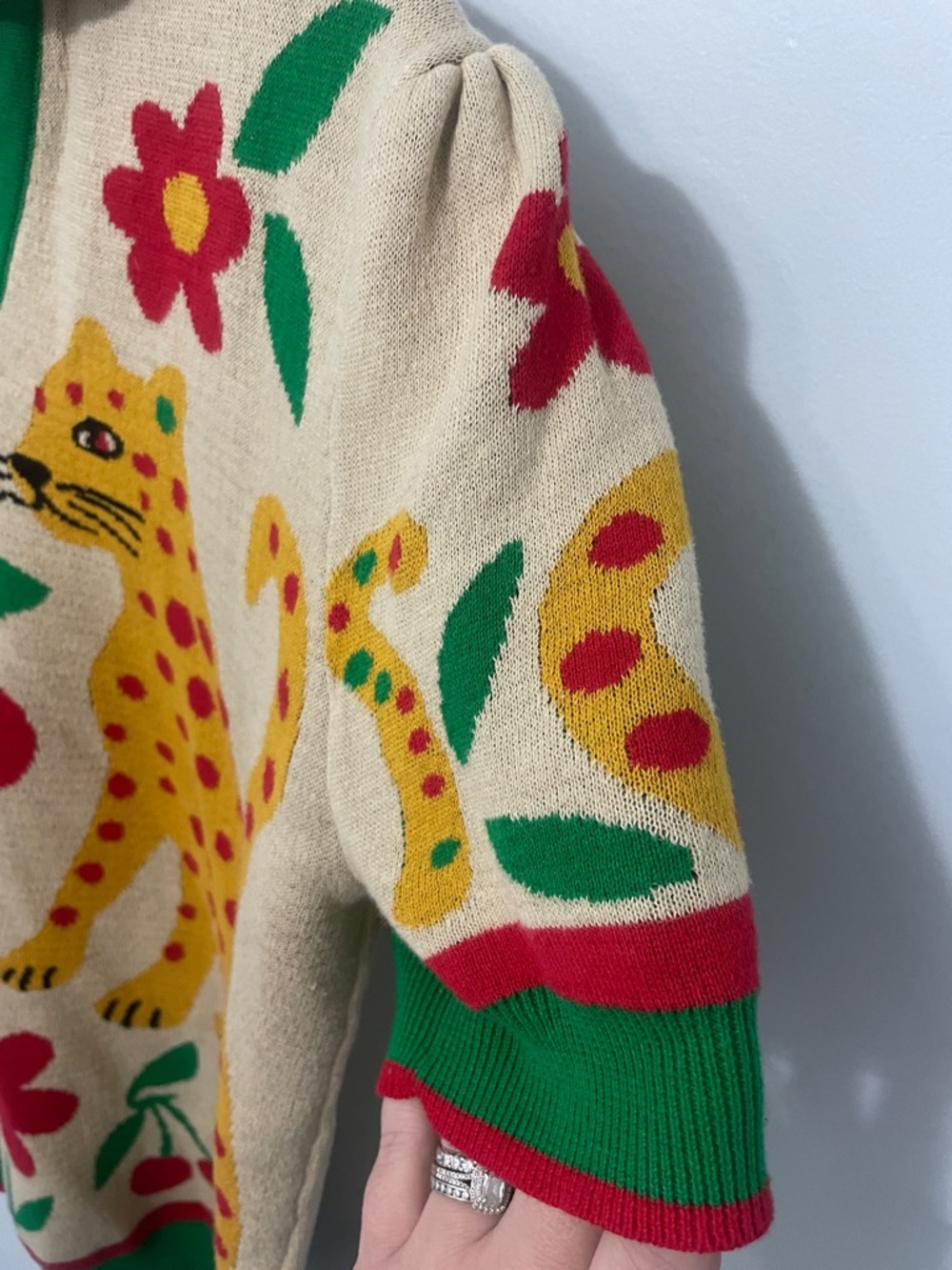 Knit Polo Sweater shirt with Yellow Leopard and Cherry Motif - Picture 4 of 5